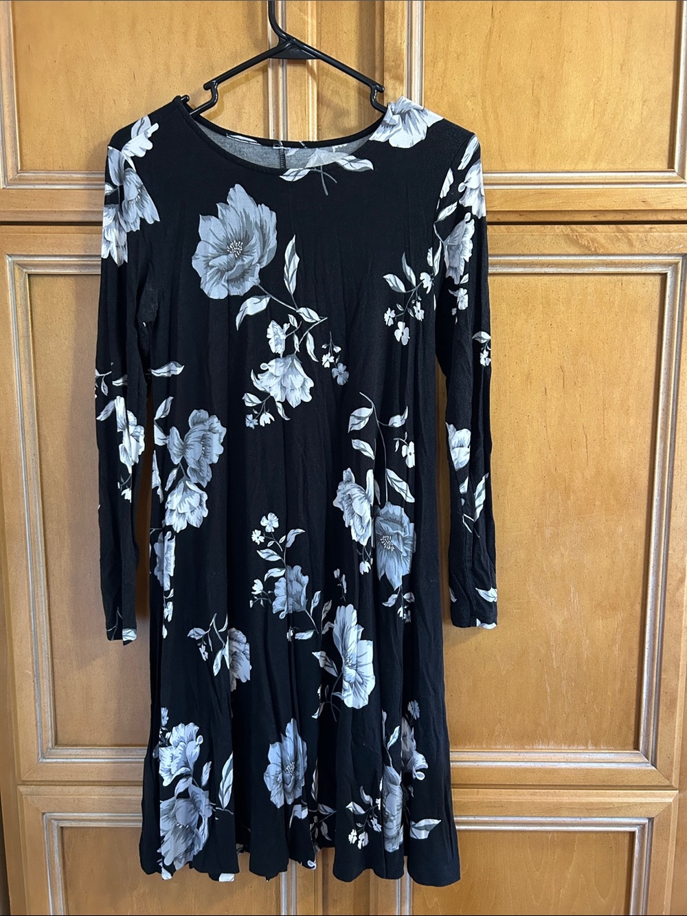 Black Floral Long-Sleeve Swing Dress